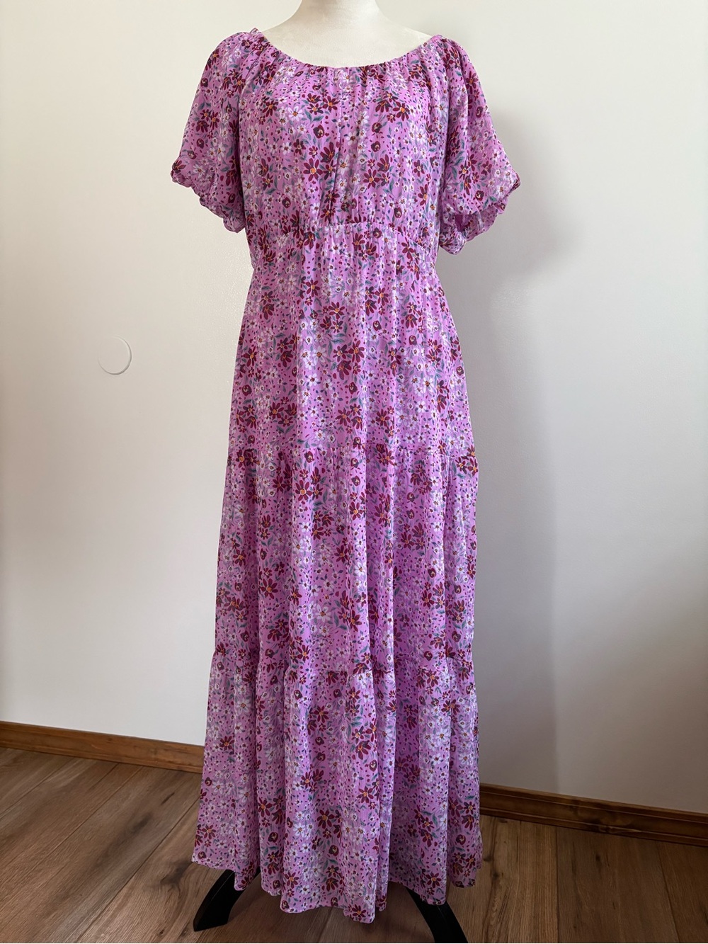 Draper James RSVP Tired Maxi Floral Chiffon Short Puff Sleeve Purple/Pink/Red M